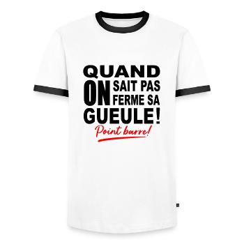 Quand on sait pas on ferme sa gueule / Humour - T-shirt contrasté Homme - blanc/noir - Devant - AI Model Female 172 light (172cm) & AI Model Male 178 dark (178cm)