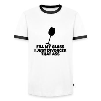 Fill My Glass I Just Divorced That Ass 4 - Men's Ringer Shirt - white/black - Front - AI Model Female 172 light (172cm) & AI Model Male 178 dark (178cm)