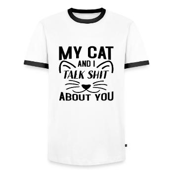 My Cat and i talk Shit about you - Men's Ringer Shirt - white/black - Front - AI Model Female 172 light (172cm) & AI Model Male 178 dark (178cm)