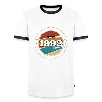 Juillet 1992 - Cadeau d’anniversaire du 30 juillet. Génial. - T-shirt contrasté Homme - blanc/noir - Devant - AI Model Female 172 light (172cm) & AI Model Male 178 dark (178cm)