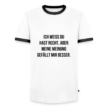 Ich weiss du hast Recht meine Meinung gefällt mir - Männer Kontrast-T-Shirt - Weiß/Schwarz - Vorne - AI Model Female 172 light (172cm) & AI Model Male 178 dark (178cm)