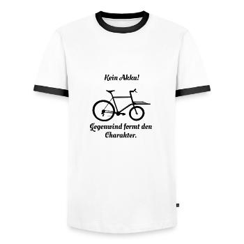 Gegenwind formt den Charakter, Fahrrad, Lastenrad - Männer Kontrast-T-Shirt - Weiß/Schwarz - Vorne - AI Model Female 172 light (172cm) & AI Model Male 178 dark (178cm)