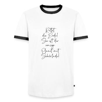 Rettet die Erde sie ist der Planet mit Schokolade - Männer Kontrast-T-Shirt - Weiß/Schwarz - Vorne - AI Model Female 172 light (172cm) & AI Model Male 178 dark (178cm)