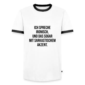 Ich spreche ironisch und das sogar mit Akzent - Männer Kontrast-T-Shirt - Weiß/Schwarz - Vorne - AI Model Female 172 light (172cm) & AI Model Male 178 dark (178cm)