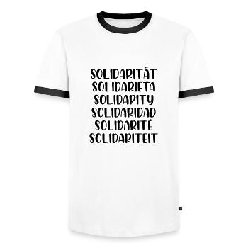 Solidarität - Männer Kontrast-T-Shirt - Weiß/Schwarz - Vorne - AI Model Female 172 light (172cm) & AI Model Male 178 dark (178cm)