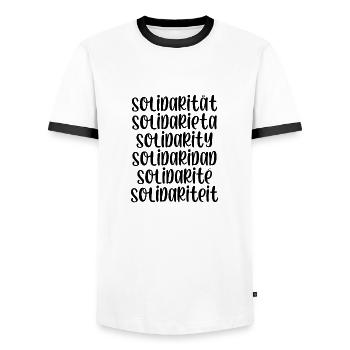 Solidarität - Männer Kontrast-T-Shirt - Weiß/Schwarz - Vorne - AI Model Female 172 light (172cm) & AI Model Male 178 dark (178cm)