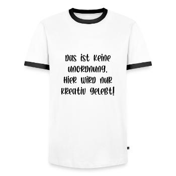Das ist keine Unordnung hier wird kreativ gelebt - Männer Kontrast-T-Shirt - Weiß/Schwarz - Vorne - AI Model Female 172 light (172cm) & AI Model Male 178 dark (178cm)