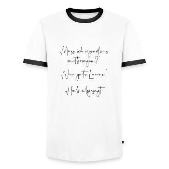 Muss ich irgendwas mitbringen Nur gute Laune - Männer Kontrast-T-Shirt - Weiß/Schwarz - Vorne - AI Model Female 172 light (172cm) & AI Model Male 178 dark (178cm)