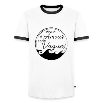 Vivre d'amour et de Vagues - T-shirt contrasté Homme - blanc/noir - Devant - AI Model Female 172 light (172cm) & AI Model Male 178 dark (178cm)