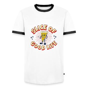 PIZZA STÜCK DES GUTEN LEBENS - Männer Kontrast-T-Shirt - Weiß/Schwarz - Vorne - AI Model Female 172 light (172cm) & AI Model Male 178 dark (178cm)