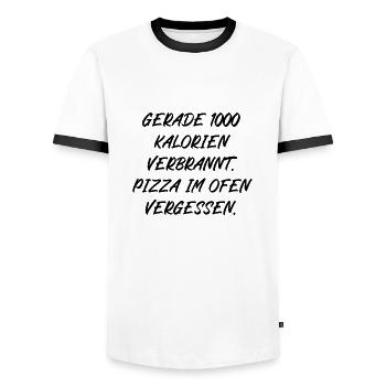 Gerade Kalorien verbrannt Pizza im Ofen vergessen - Männer Kontrast-T-Shirt - Weiß/Schwarz - Vorne - AI Model Female 172 light (172cm) & AI Model Male 178 dark (178cm)