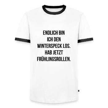 Bin jetzt den Winterspeck los hab Frühlingsrollen - Männer Kontrast-T-Shirt - Weiß/Schwarz - Vorne - AI Model Female 172 light (172cm) & AI Model Male 178 dark (178cm)