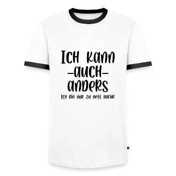 Ich kann auch anders ich bin nur zu nett dafür - Männer Kontrast-T-Shirt - Weiß/Schwarz - Vorne - AI Model Female 172 light (172cm) & AI Model Male 178 dark (178cm)
