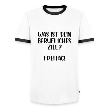 Was ist dein berufliches Ziel Freitag - Männer Kontrast-T-Shirt - Weiß/Schwarz - Vorne - AI Model Female 172 light (172cm) & AI Model Male 178 dark (178cm)