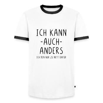 Ich kann auch anders ich bin nur zu nett dafür - Männer Kontrast-T-Shirt - Weiß/Schwarz - Vorne - AI Model Female 172 light (172cm) & AI Model Male 178 dark (178cm)
