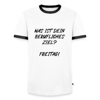Was ist dein berufliches Ziel Freitag - Männer Kontrast-T-Shirt - Weiß/Schwarz - Vorne - AI Model Female 172 light (172cm) & AI Model Male 178 dark (178cm)