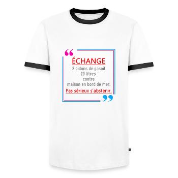Echange gas-oil contre maison bord de mer - T-shirt contrasté Homme - blanc/noir - Devant - AI Model Female 172 light (172cm) & AI Model Male 178 dark (178cm)