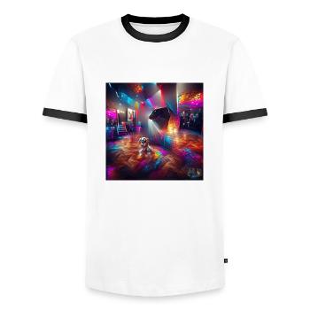 Une promenade dans l’ du robot : Disco Dog - T-shirt contrasté Homme - blanc/noir - Devant - AI Model Female 172 light (172cm) & AI Model Male 178 dark (178cm)