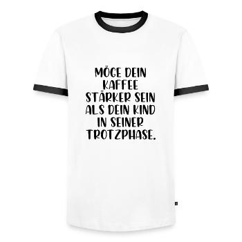 Möge dein Kaffee stärker sein als die Trotzphase - Männer Kontrast-T-Shirt - Weiß/Schwarz - Vorne - AI Model Female 172 light (172cm) & AI Model Male 178 dark (178cm)