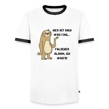 Hier ist doch was Faul - Lustiges Faultier - Männer Kontrast-T-Shirt - Weiß/Schwarz - Vorne - AI Model Female 172 light (172cm) & AI Model Male 178 dark (178cm)