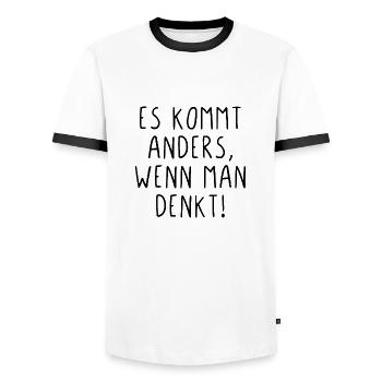 Es kommt anders wenn man denkt - Männer Kontrast-T-Shirt - Weiß/Schwarz - Vorne - AI Model Female 172 light (172cm) & AI Model Male 178 dark (178cm)