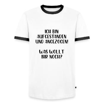 Ich bin aufgestanden und angezogen was wollt ihr - Männer Kontrast-T-Shirt - Weiß/Schwarz - Vorne - AI Model Female 172 light (172cm) & AI Model Male 178 dark (178cm)