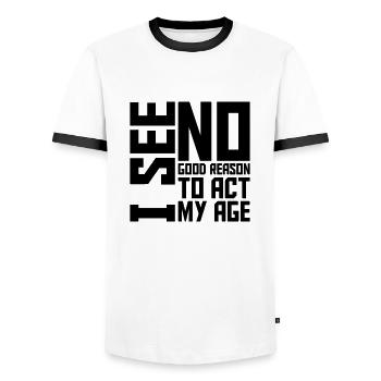 to act my age - Men's Ringer Shirt - white/black - Front - AI Model Female 172 light (172cm) & AI Model Male 178 dark (178cm)