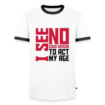 to act my age - Men's Ringer Shirt - white/black - Front - AI Model Female 172 light (172cm) & AI Model Male 178 dark (178cm)