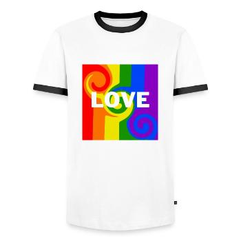 "LOVE" logo, colored and liquefied - Men's Ringer Shirt - white/black - Front - AI Model Female 172 light (172cm) & AI Model Male 178 dark (178cm)