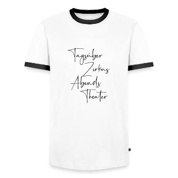 Tagsüber Zirkus abends Theater - Männer Kontrast-T-Shirt - Weiß/Schwarz - Vorne - AI Model Female 172 light (172cm) & AI Model Male 178 dark (178cm)