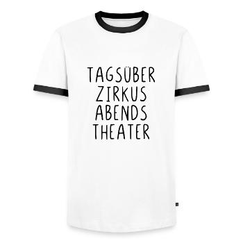 Tagsüber Zirkus abends Theater - Männer Kontrast-T-Shirt - Weiß/Schwarz - Vorne - AI Model Female 172 light (172cm) & AI Model Male 178 dark (178cm)