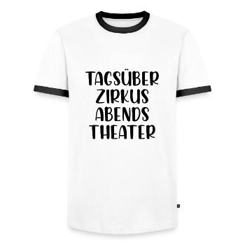 Tagsüber Zirkus abends Theater - Männer Kontrast-T-Shirt - Weiß/Schwarz - Vorne - AI Model Female 172 light (172cm) & AI Model Male 178 dark (178cm)