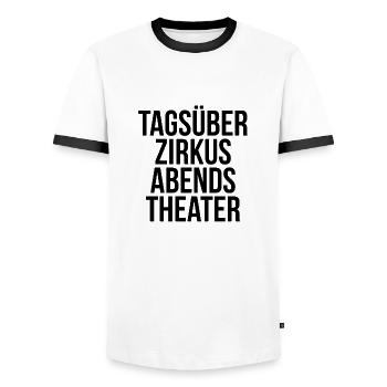 Tagsüber Zirkus abends Theater - Männer Kontrast-T-Shirt - Weiß/Schwarz - Vorne - AI Model Female 172 light (172cm) & AI Model Male 178 dark (178cm)