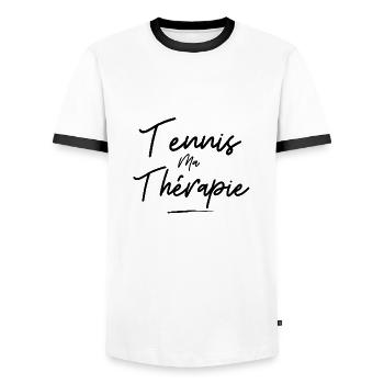 Tennis ma thérapie - idée cadeau - sport humour - T-shirt contrasté Homme - blanc/noir - Devant - AI Model Female 172 light (172cm) & AI Model Male 178 dark (178cm)
