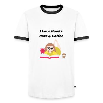 I love books, coffee and cats - Men's Ringer Shirt - white/black - Front - AI Model Female 172 light (172cm) & AI Model Male 178 dark (178cm)