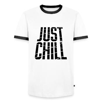Just Chill Text Logo - Männer Kontrast-T-Shirt - Weiß/Schwarz - Vorne - AI Model Female 172 light (172cm) & AI Model Male 178 dark (178cm)