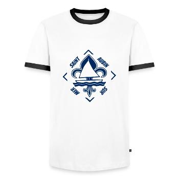 Saint Aubin sur Mer in Normandy France - Men's Ringer Shirt - white/black - Front - AI Model Female 172 light (172cm) & AI Model Male 178 dark (178cm)