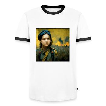 Ukrainian Girl During The War - Men's Ringer Shirt - white/black - Front - AI Model Female 172 light (172cm) & AI Model Male 178 dark (178cm)
