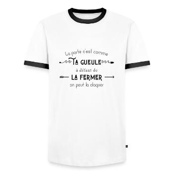 La porte c’est comme ta gueule - T-shirt contrasté Homme - blanc/noir - Devant - AI Model Female 172 light (172cm) & AI Model Male 178 dark (178cm)