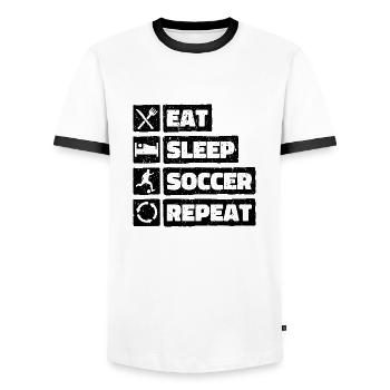 Eat Sleep Soccer Repeat. Football Design - Men's Ringer Shirt - white/black - Front - AI Model Female 172 light (172cm) & AI Model Male 178 dark (178cm)