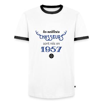 Anniversaire chasseur 1957 - T-shirt contrasté Homme - blanc/noir - Devant - AI Model Female 172 light (172cm) & AI Model Male 178 dark (178cm)