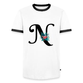 lettre N fleuris - T-shirt contrasté Homme - blanc/noir - Devant - AI Model Female 172 light (172cm) & AI Model Male 178 dark (178cm)