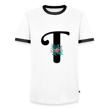lettre T fleuris - T-shirt contrasté Homme - blanc/noir - Devant - AI Model Female 172 light (172cm) & AI Model Male 178 dark (178cm)