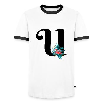 lettre U fleuris - T-shirt contrasté Homme - blanc/noir - Devant - AI Model Female 172 light (172cm) & AI Model Male 178 dark (178cm)