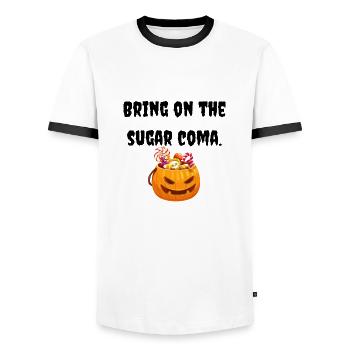 Tee-shirt Halloween | Trop de bonbons ! - T-shirt contrasté Homme - blanc/noir - Devant - AI Model Female 172 light (172cm) & AI Model Male 178 dark (178cm)