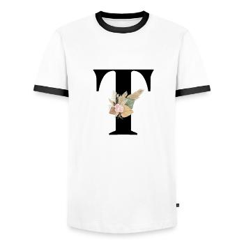 flowery letter T - Men's Ringer Shirt - white/black - Front - AI Model Female 172 light (172cm) & AI Model Male 178 dark (178cm)