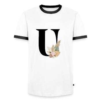 flowery letter U - Men's Ringer Shirt - white/black - Front - AI Model Female 172 light (172cm) & AI Model Male 178 dark (178cm)