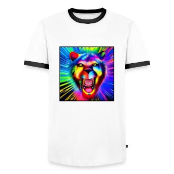 lion cool coloré montre ses dents à la fête - T-shirt contrasté Homme - blanc/noir - Devant - AI Model Female 172 light (172cm) & AI Model Male 178 dark (178cm)