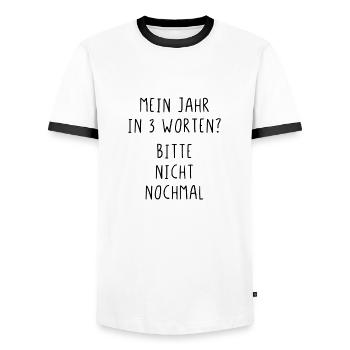 Mein Jahr in 3 Worten Bitte nicht nochmal - Männer Kontrast-T-Shirt - Weiß/Schwarz - Vorne - AI Model Female 172 light (172cm) & AI Model Male 178 dark (178cm)