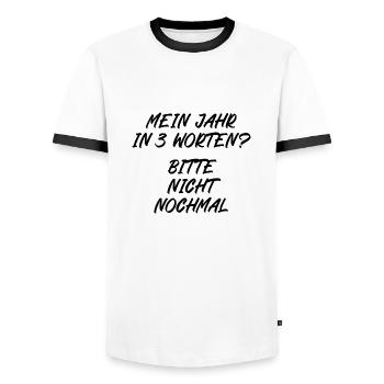Mein Jahr in 3 Worten Bitte nicht nochmal - Männer Kontrast-T-Shirt - Weiß/Schwarz - Vorne - AI Model Female 172 light (172cm) & AI Model Male 178 dark (178cm)